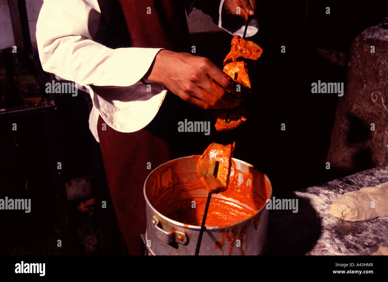 Pieces of meat marinated with spicy marinade in Goa South India Stock Photo
