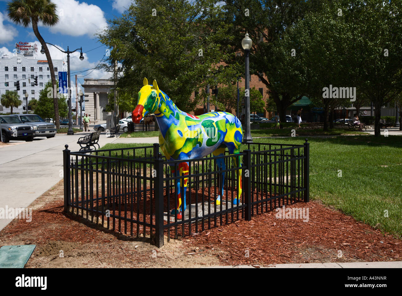Painted horse sculpture on downtown square in Ocala, Florida, USA Stock