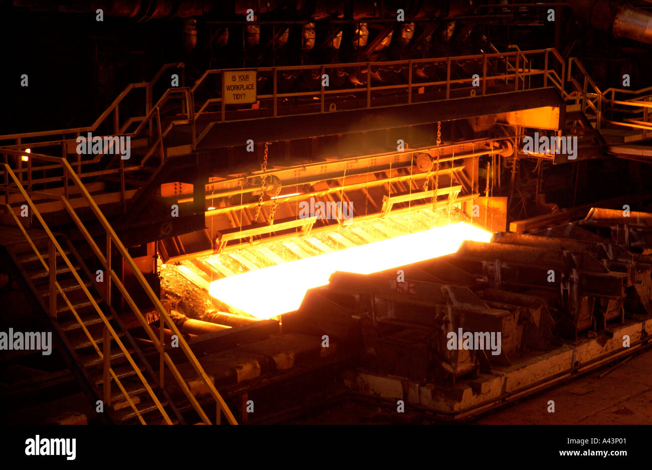 Slab coming out of the reheating furnace on the hot strip mill at Stock