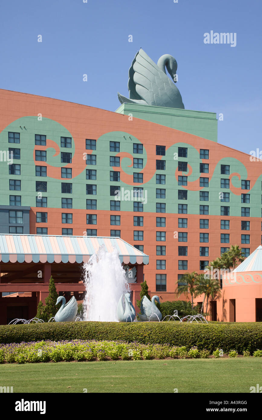 Swan on roof above swan water fountain at the Swan Resort at Walt