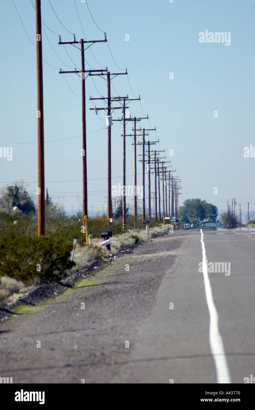 Route 66 in high California desert near Barstow with row of power poles Stock Photo Alamy