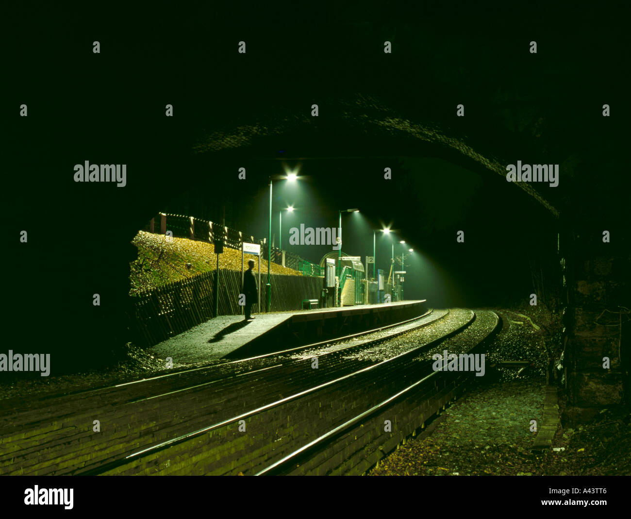 Railway station at night; Hornbeam Park Station, Harrogate, North