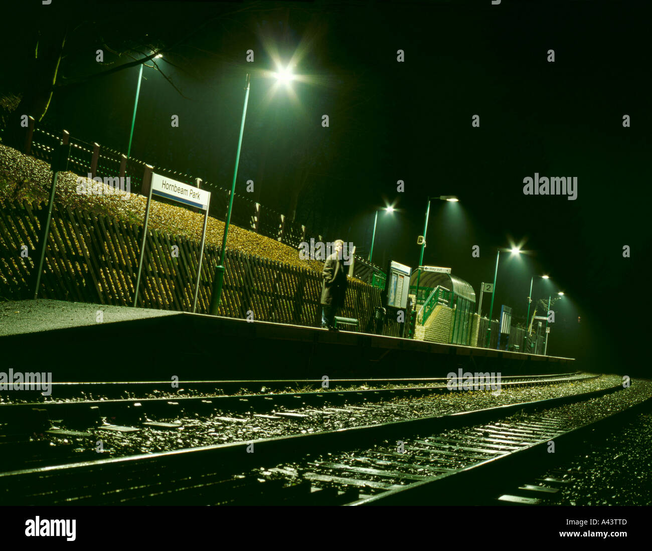 Railway station at night; Hornbeam Park Station, Harrogate, North
