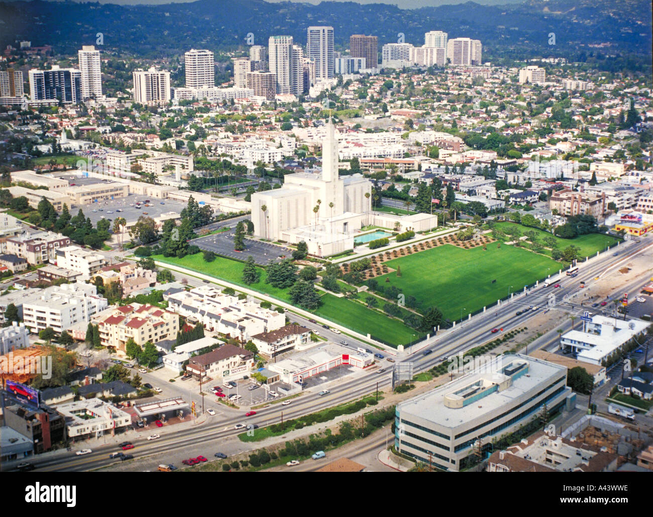 Aerial of The Mormon Temple in Los Angeles, California, USA Stock Photo