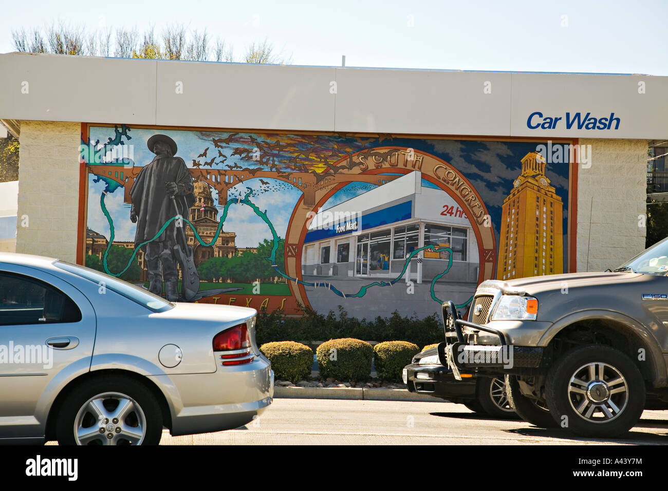 TEXAS Austin Mural of city landmarks and popular locations painted on