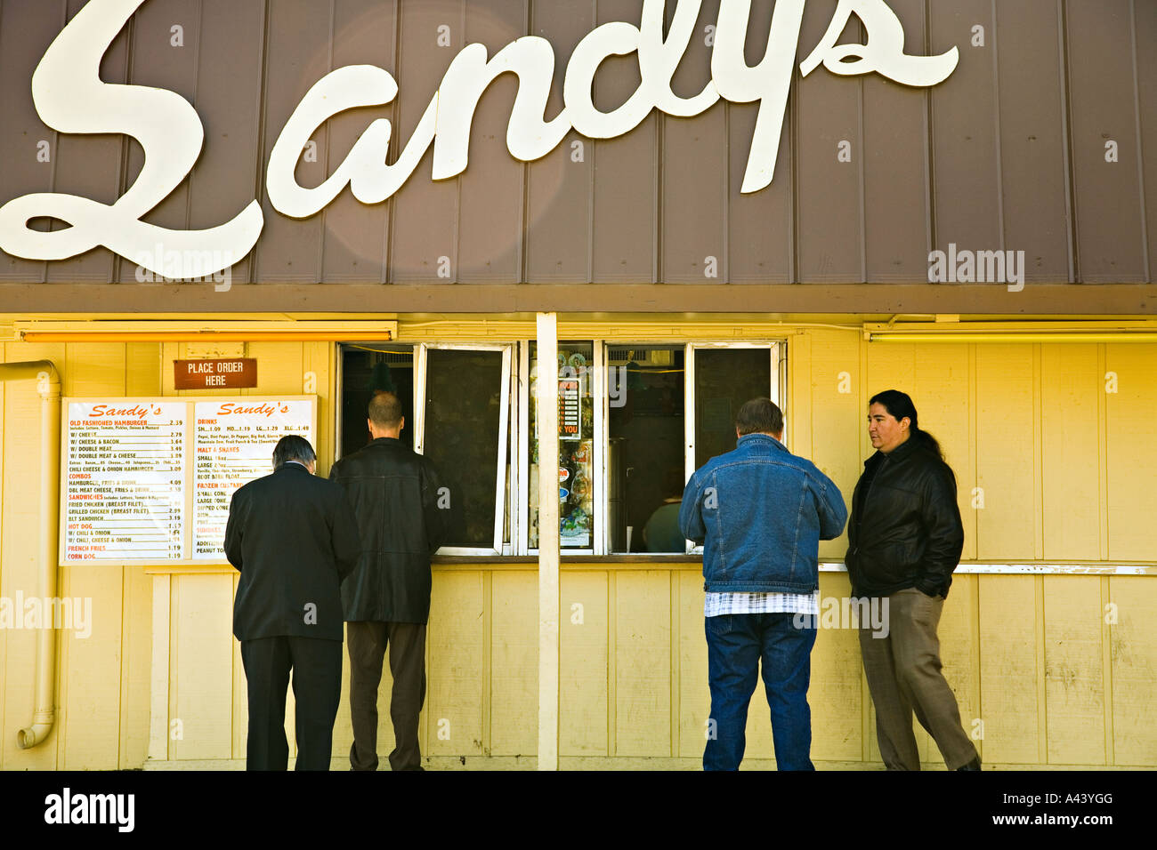 TEXAS Austin Men at walk up window for Sandys restaurant menu posted on ...