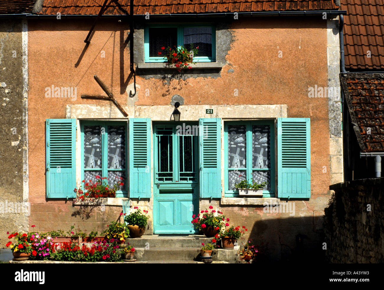 Green paint window door  Window france French House Burgundy Stock Photo