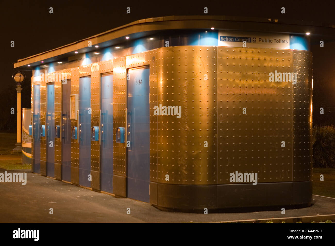 public toilets Southport night time reflection design blue silver art