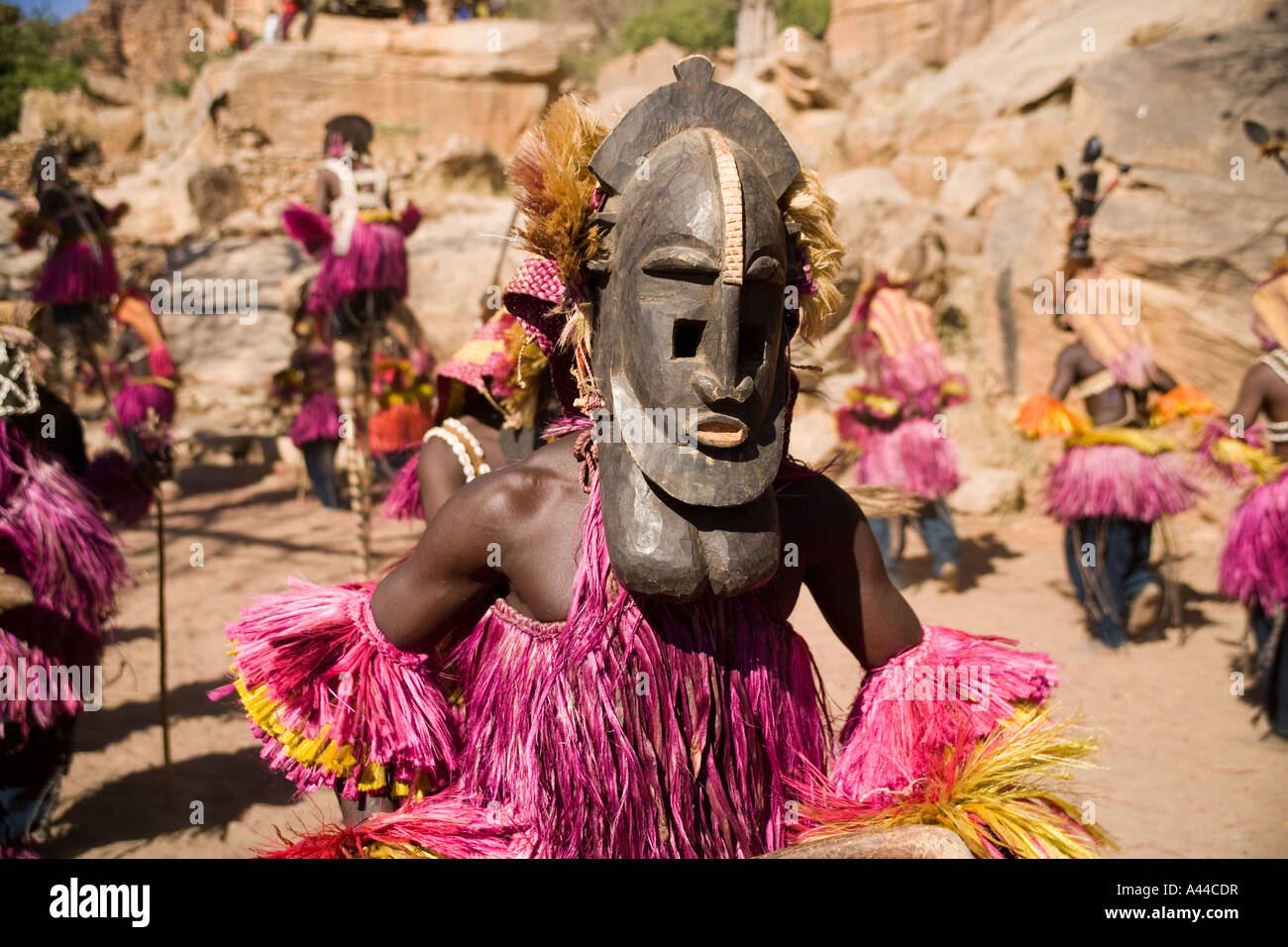 Dancers at the mask dance in the village of Tereli, Dogon Country, Mali ...