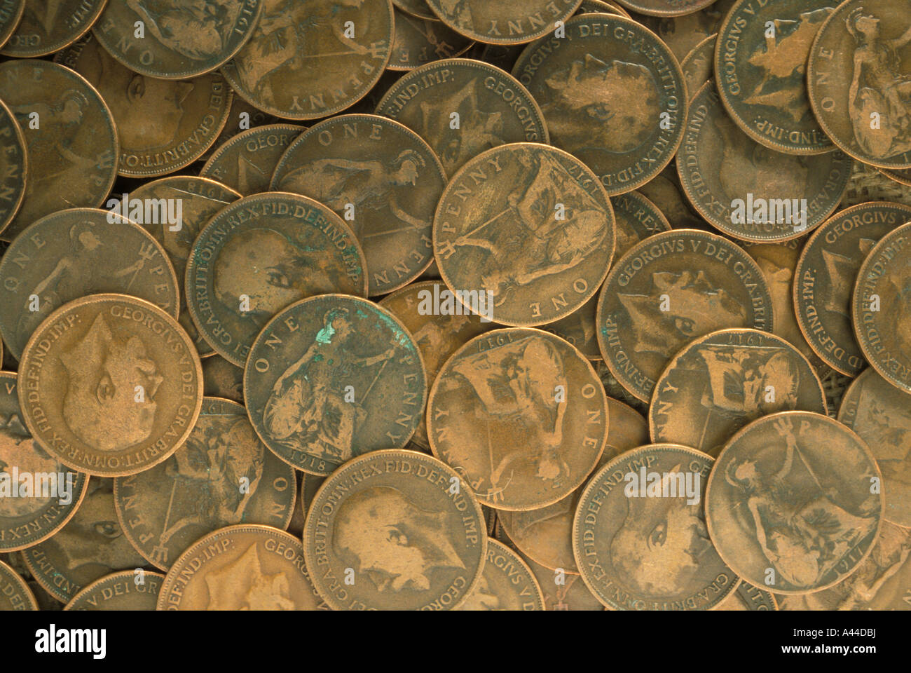 Old British coins pennies money Stock Photo