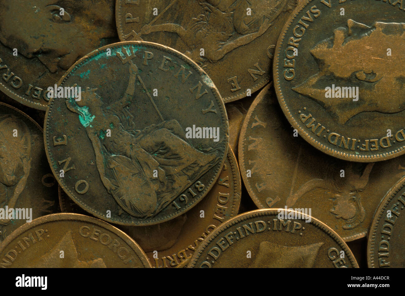 Old British coins copper pennies Stock Photo