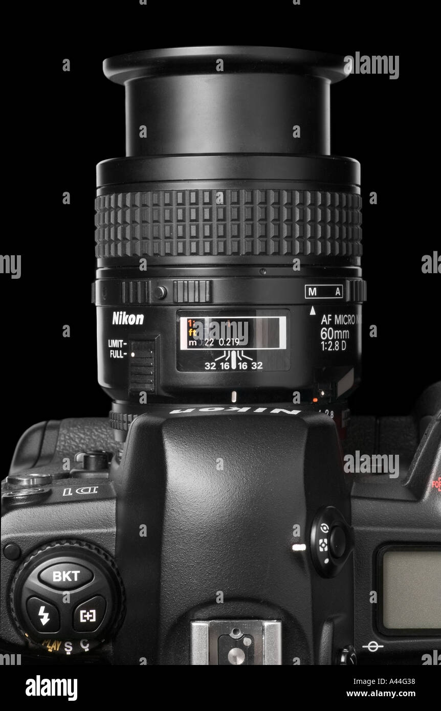 Nikon D1 digital camera with 60mm Micro Nikkor macro lens Stock Photo