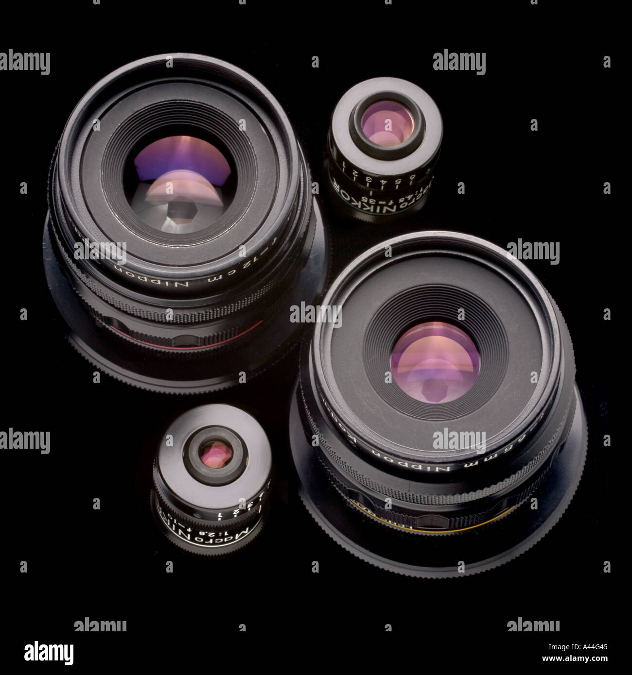 Nikon macro lenses from the Multiphot macro photography system 19mm 35mm 65mm 120mm lenses Stock Photo