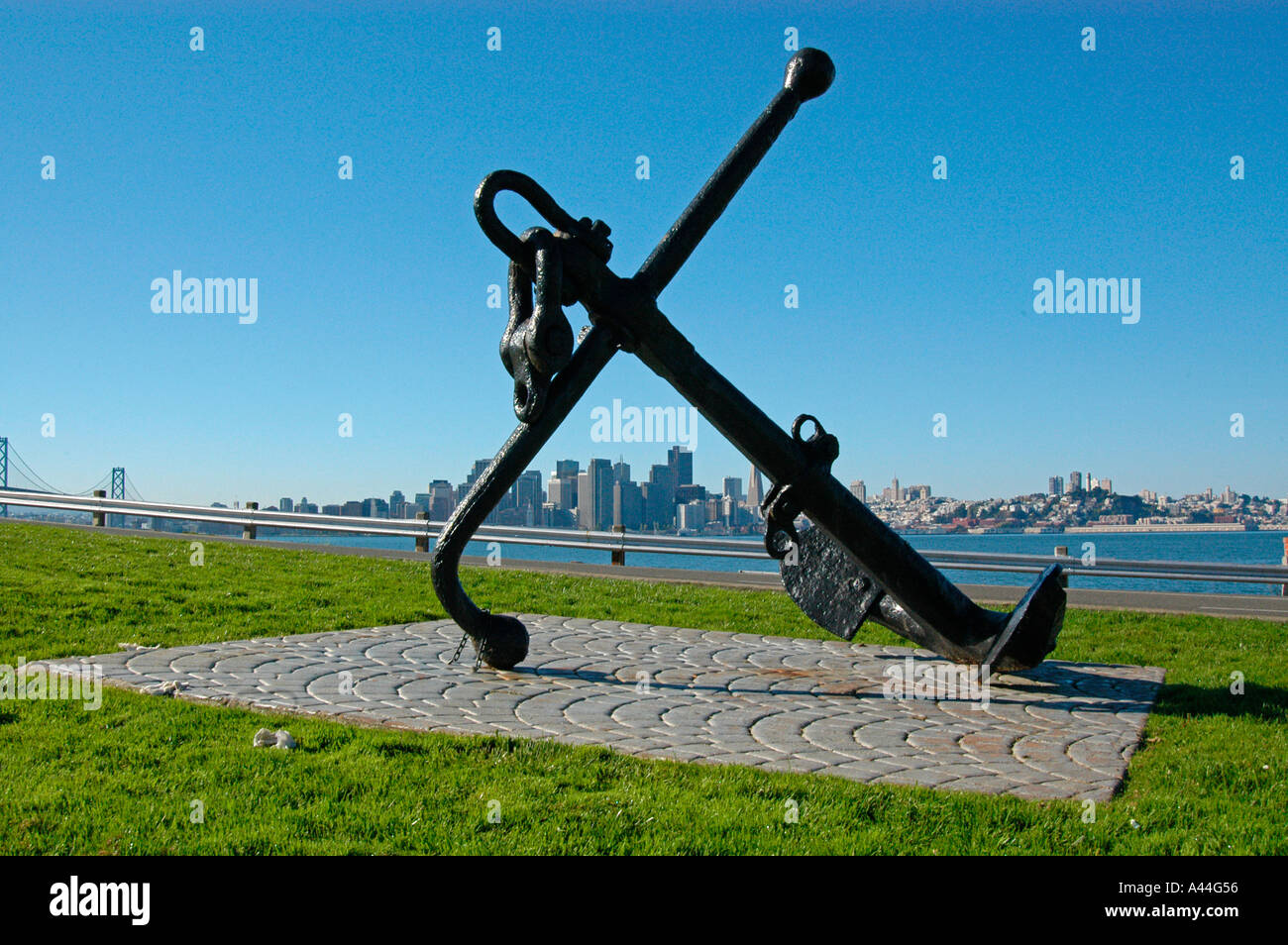 View of San Francisco with navy metal anchor in front California USA