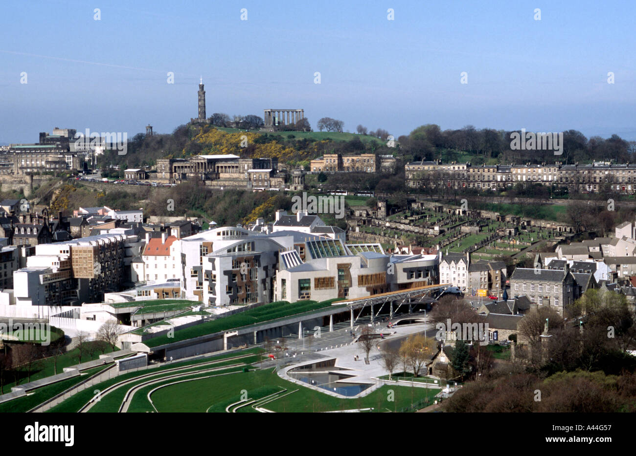 The Scottish Parliament and Calton Hill in Edinburgh Scotland from Salisbury Craigs Stock Photo
