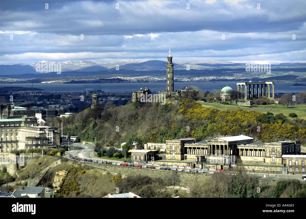 Calton Hill in Edinburgh from Salisbury Craigs Stock Photo