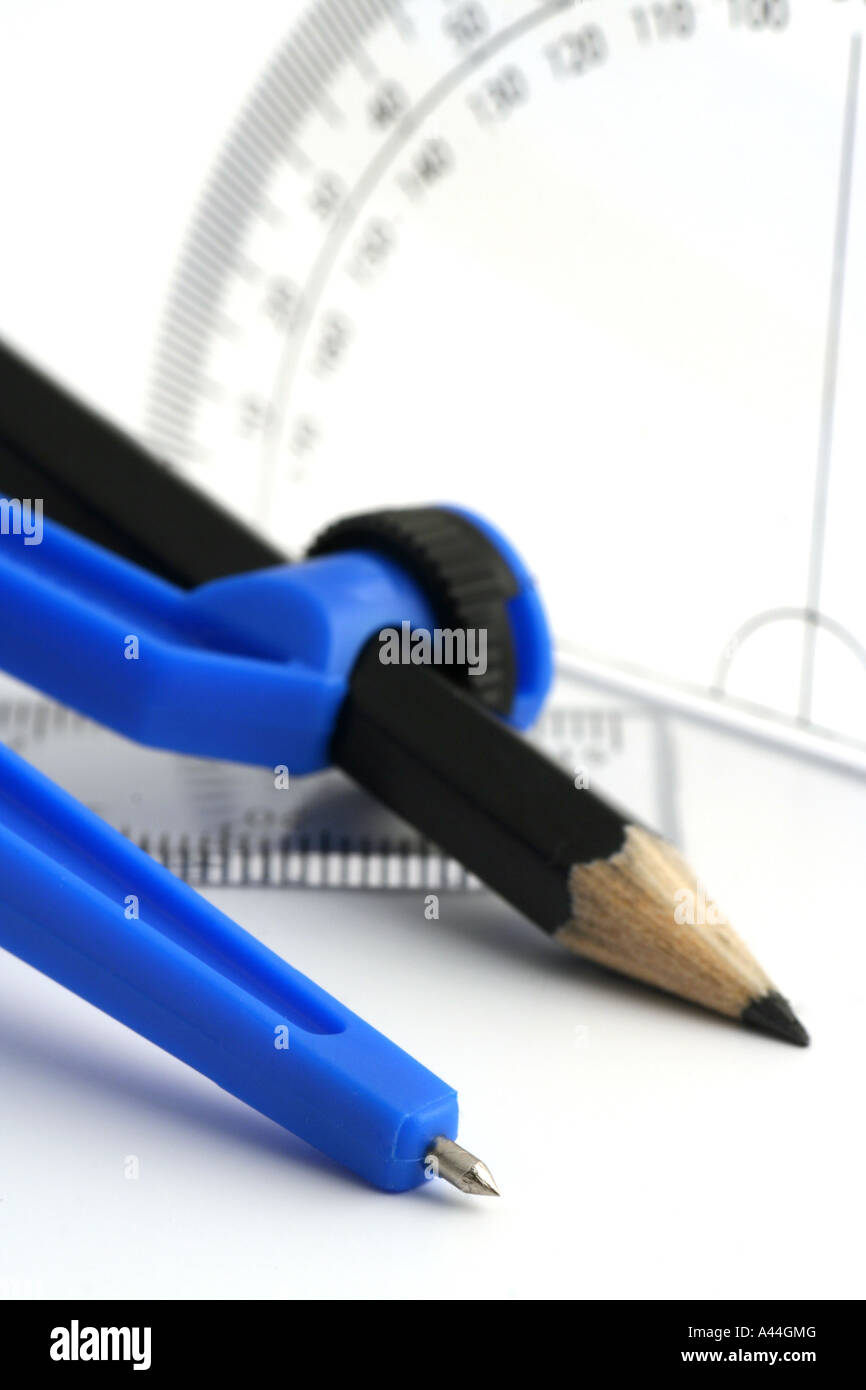 Pair of compasses, ruler and protractor Stock Photo Alamy