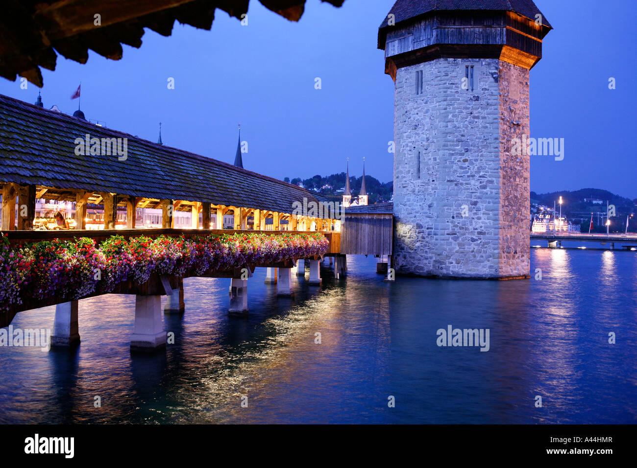 Switzerland, city of LUZERN, Lucerne, view to Kapellbruecke and Wasserturm Stock Photo