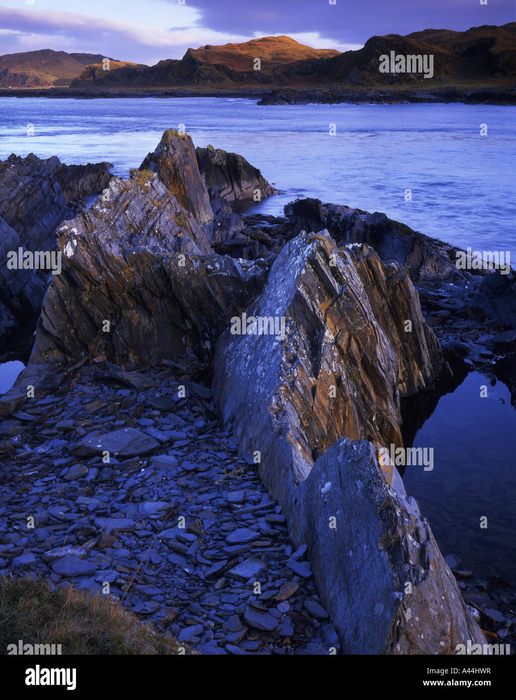 The Cuan Sound viewed from the slate shore of Luing Stock Photo