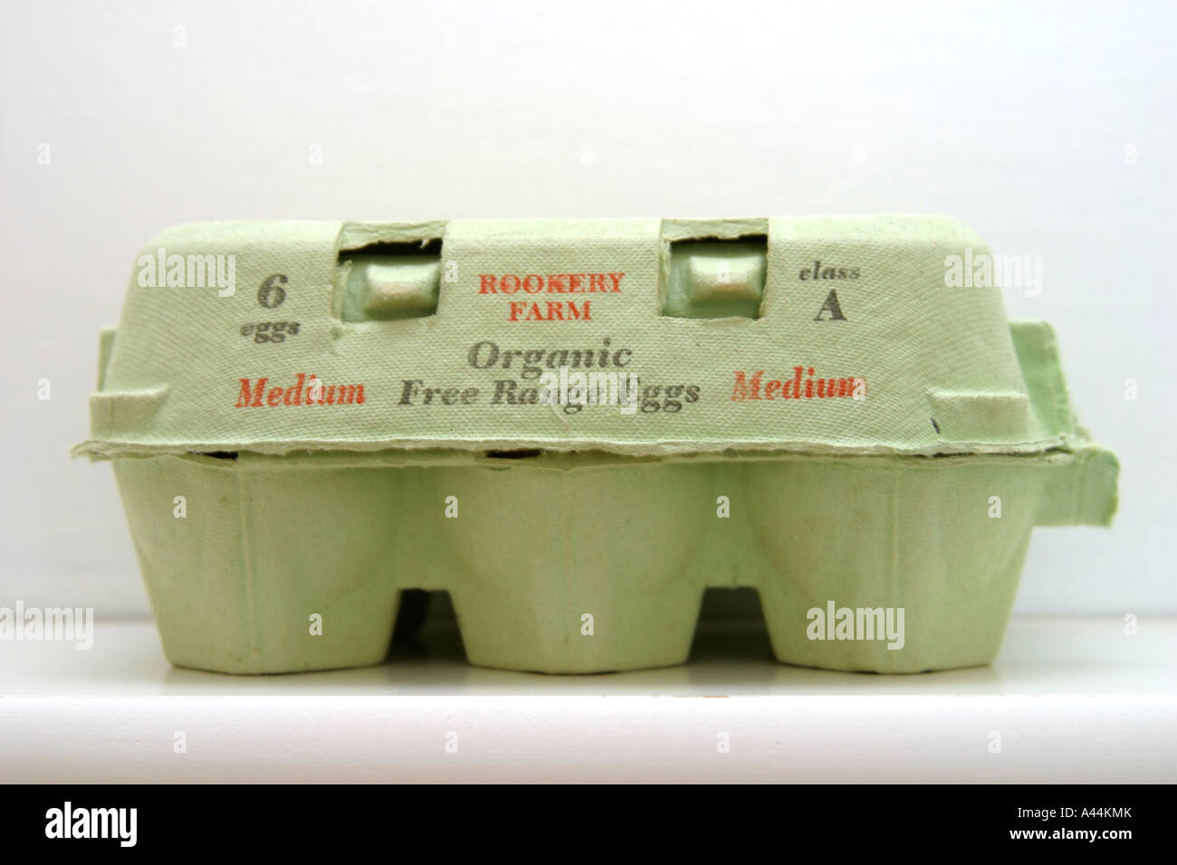 Carton of free range organic eggs from Roundstone Farm on shelf, West Sussex, England. Stock Photo