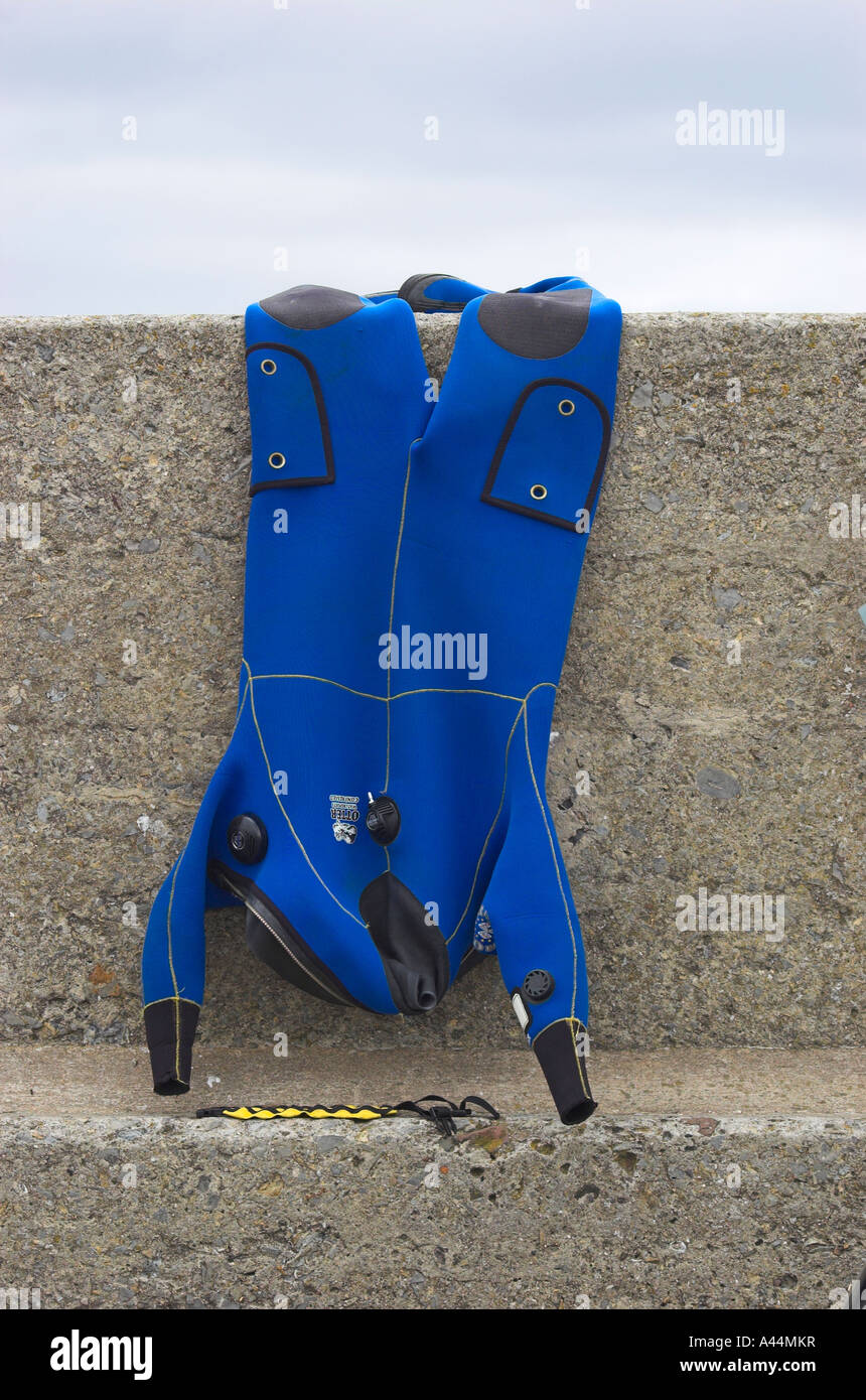 Scuba wetsuit gear drying at Seahouses, Northumberland, England Stock