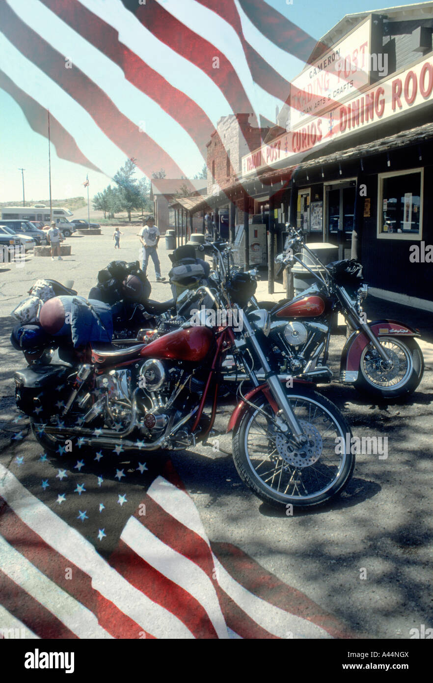 Harley Davidson Motorcycles,Parked Outside A Rest stop Area In Arizona USA. Stock Photo