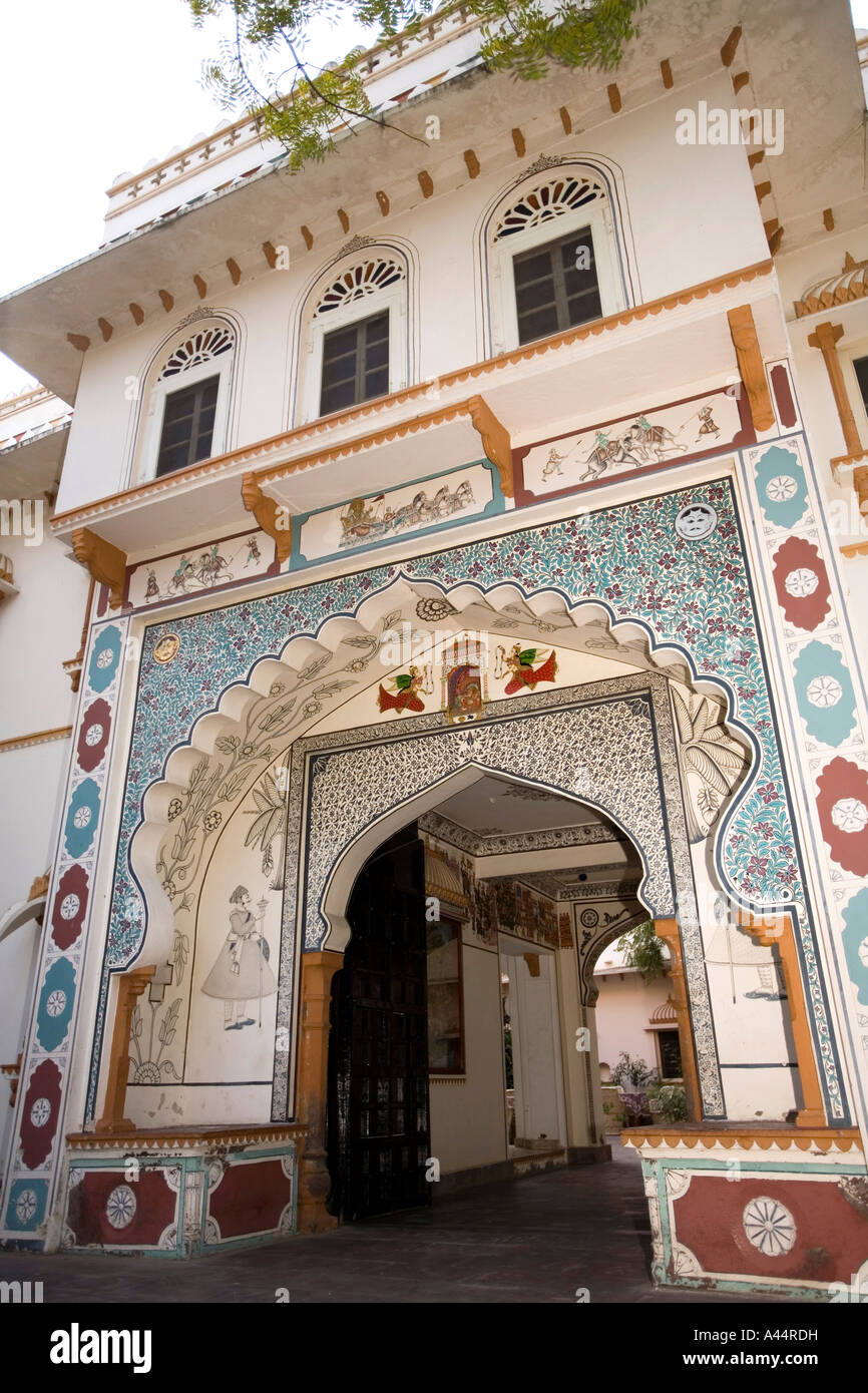 India Rajasthan Kota Palkiya Haveli traditionally decorated hotel entrance archway Stock Photo