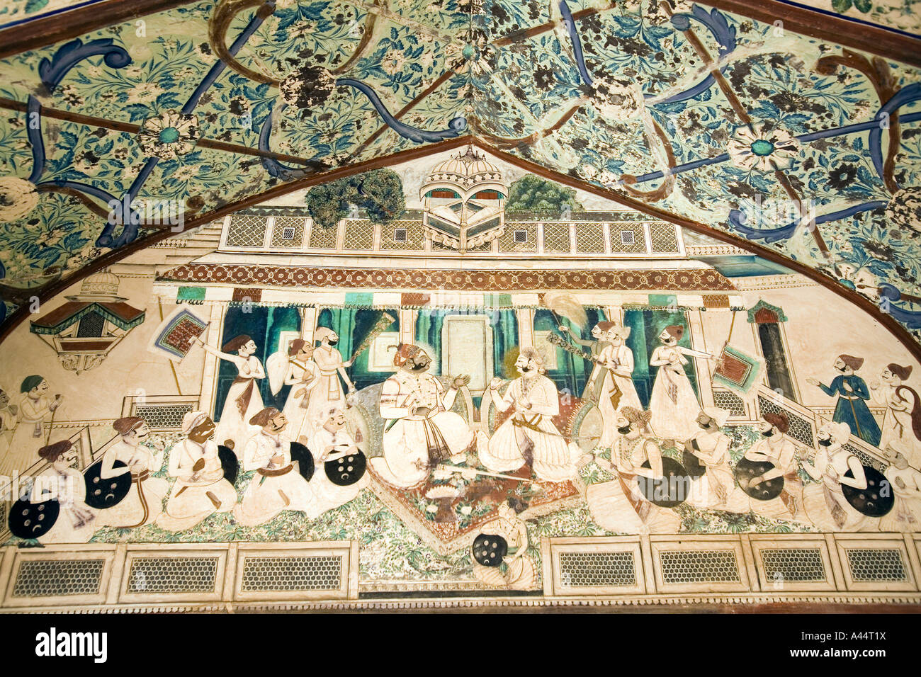 India Rajasthan Bundi Garh Palace Chitrasala mural wall painting of royal court scene Stock Photo