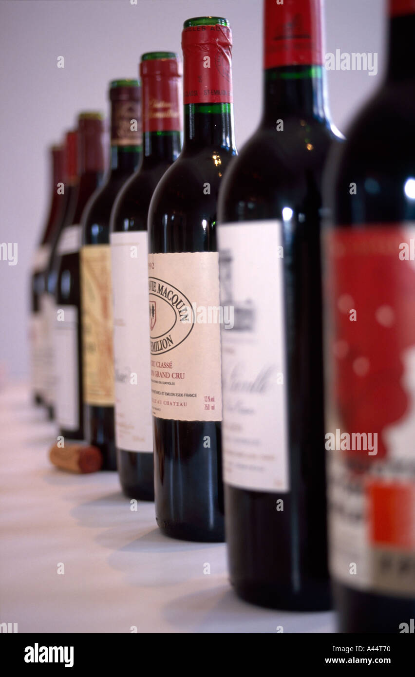 Eight open red wine bottles breathe in a line at a wine tasting Stock