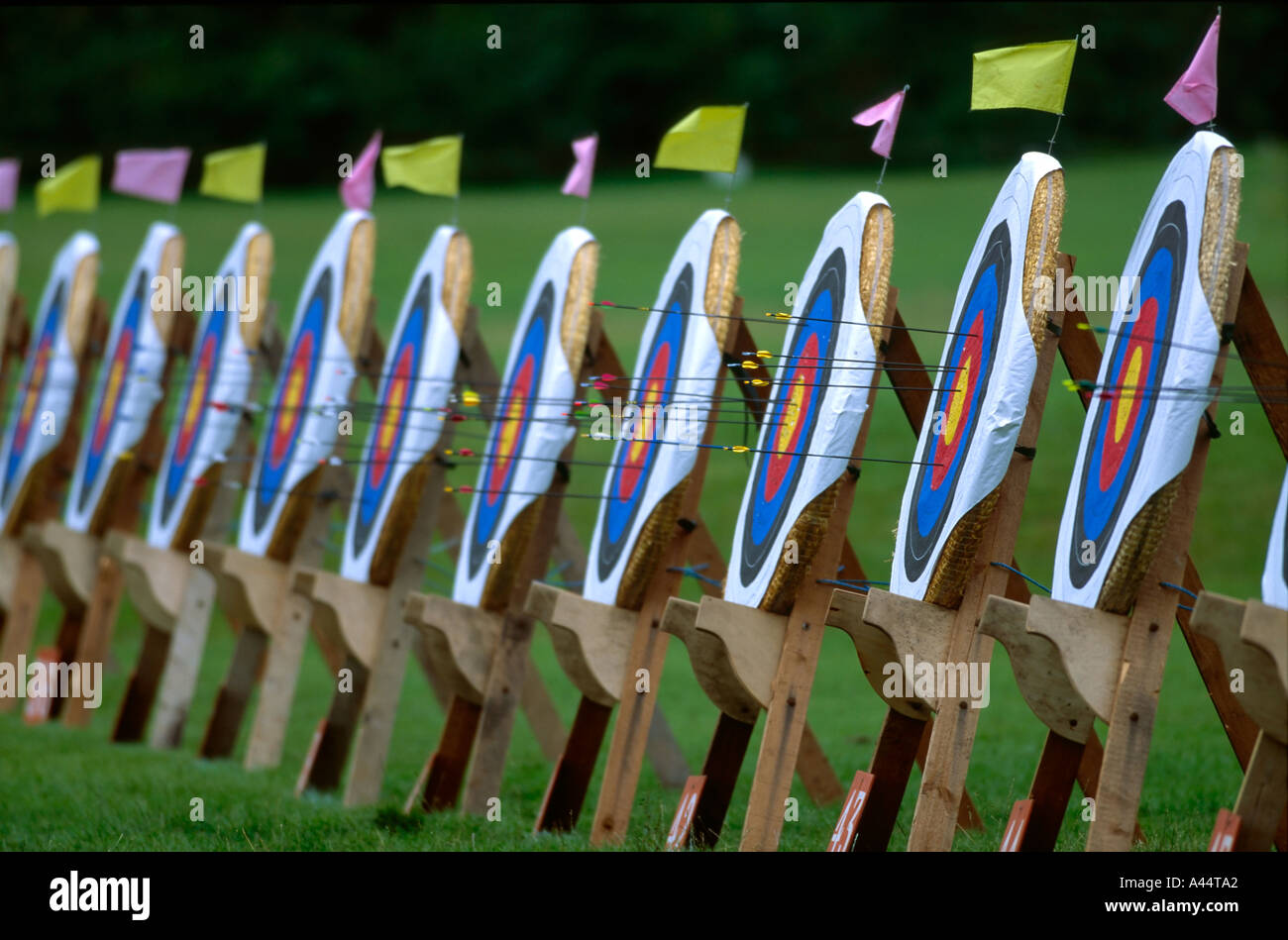 row of archery targets with flags arrows Stock Photo Alamy