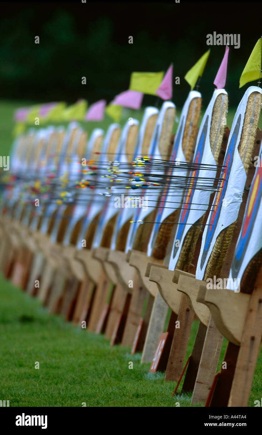 row of archery targets with flags arrows Stock Photo Alamy