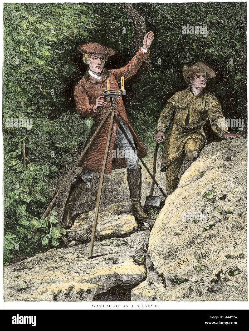 Young Washington working as a surveyor in Virginia Colony. Hand