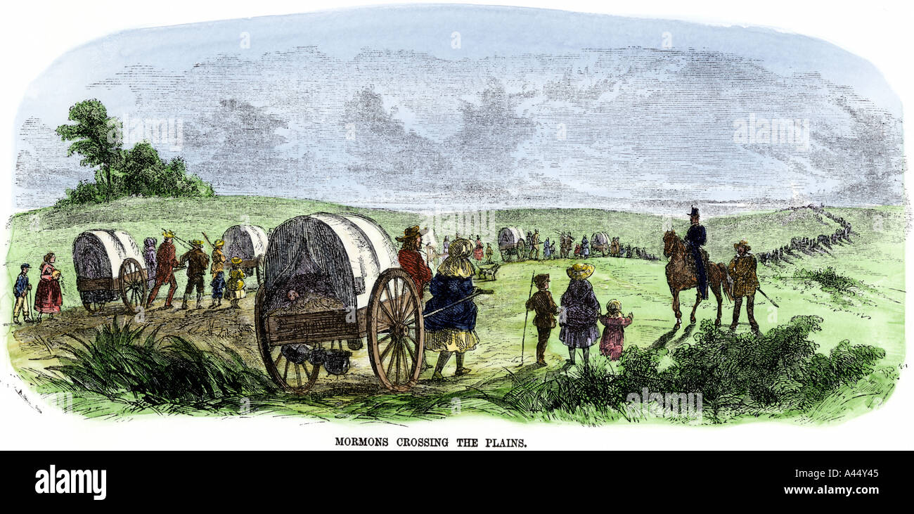 Mormon Trail settlers pulling hand-carts across the plains to Utah 1850s. Hand-colored woodcut Stock Photo
