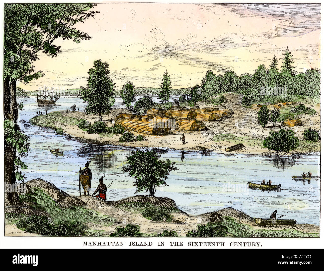 Native American longhouses on Manhattan Island in the 1500s. Hand