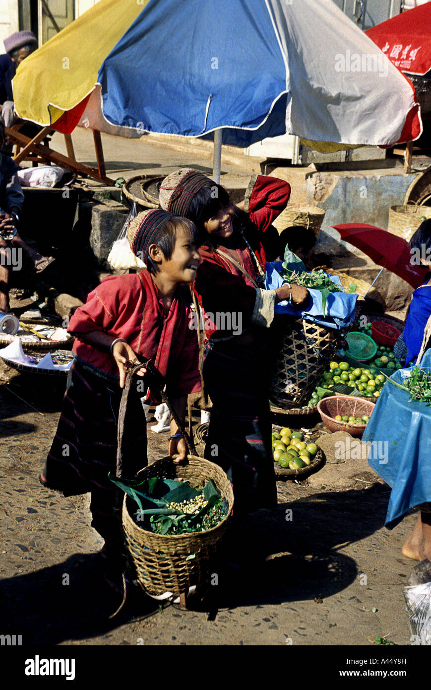 Young tribal kids in a the Lashio market in North east Myanmar Stock Photo