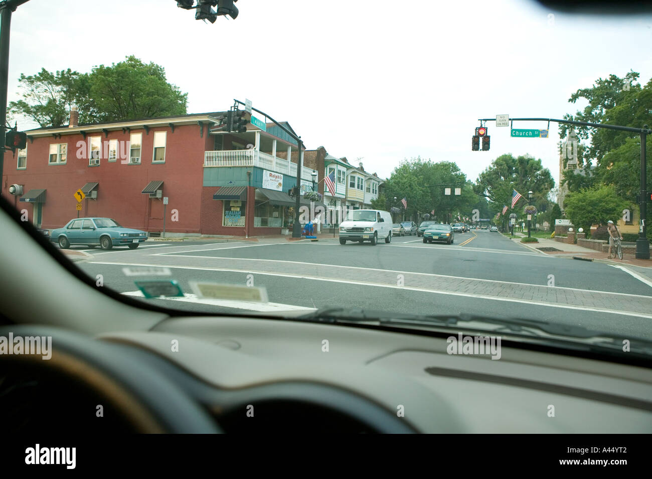 View of traffic in the streets of the town of Moorestown NJ in New Jersey USA July 2005 from inside a car Stock Photo