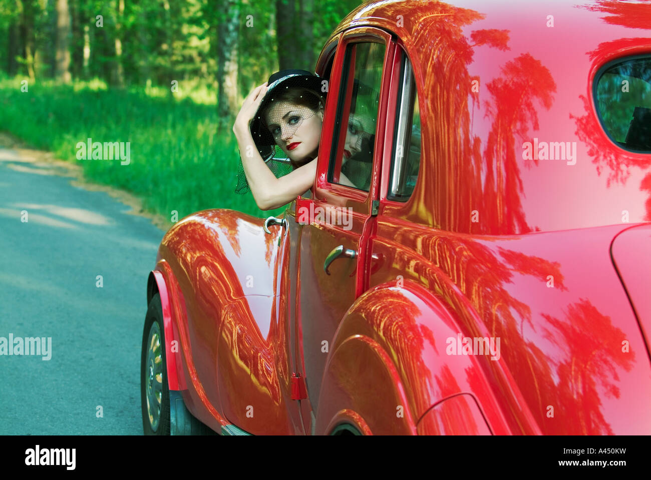 Woman Driving Antique Car Stock Photo Alamy