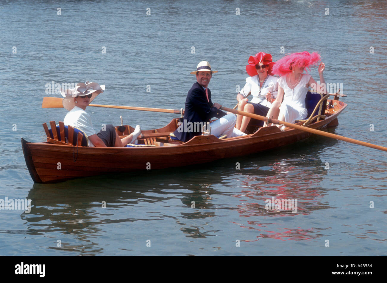 People in a skiff at Henley Royal Regatta River Thames Henley on Thames ...