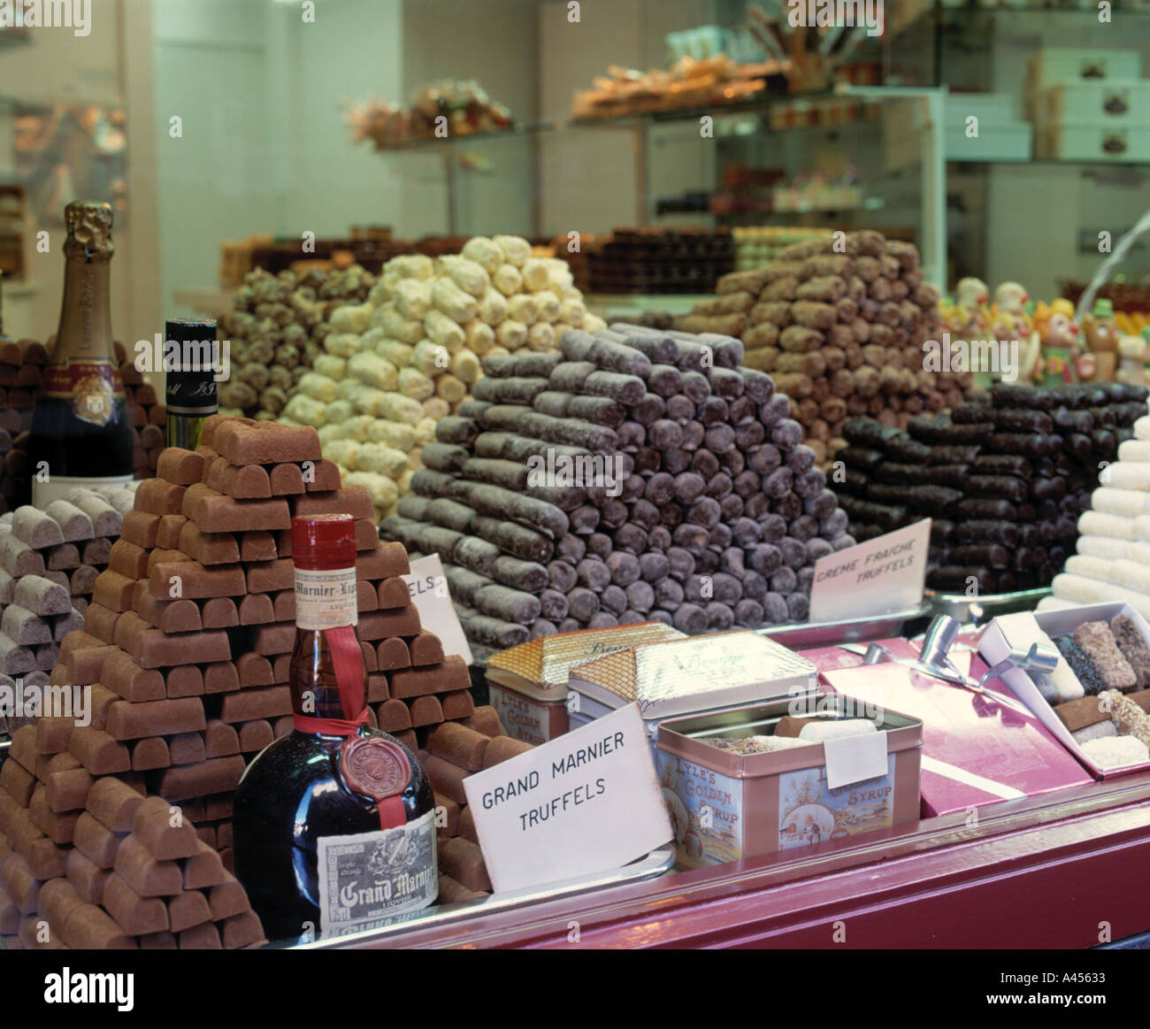 Window of a confectioners shop in the Wollestraat Brugge Belgium Stock Photo