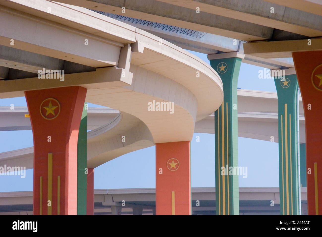 Concrete Pillars, Columns, Displaying Texas Lone Star Support Underpass, Overpass New Construction Dallas High Five Expressway Stock Photo