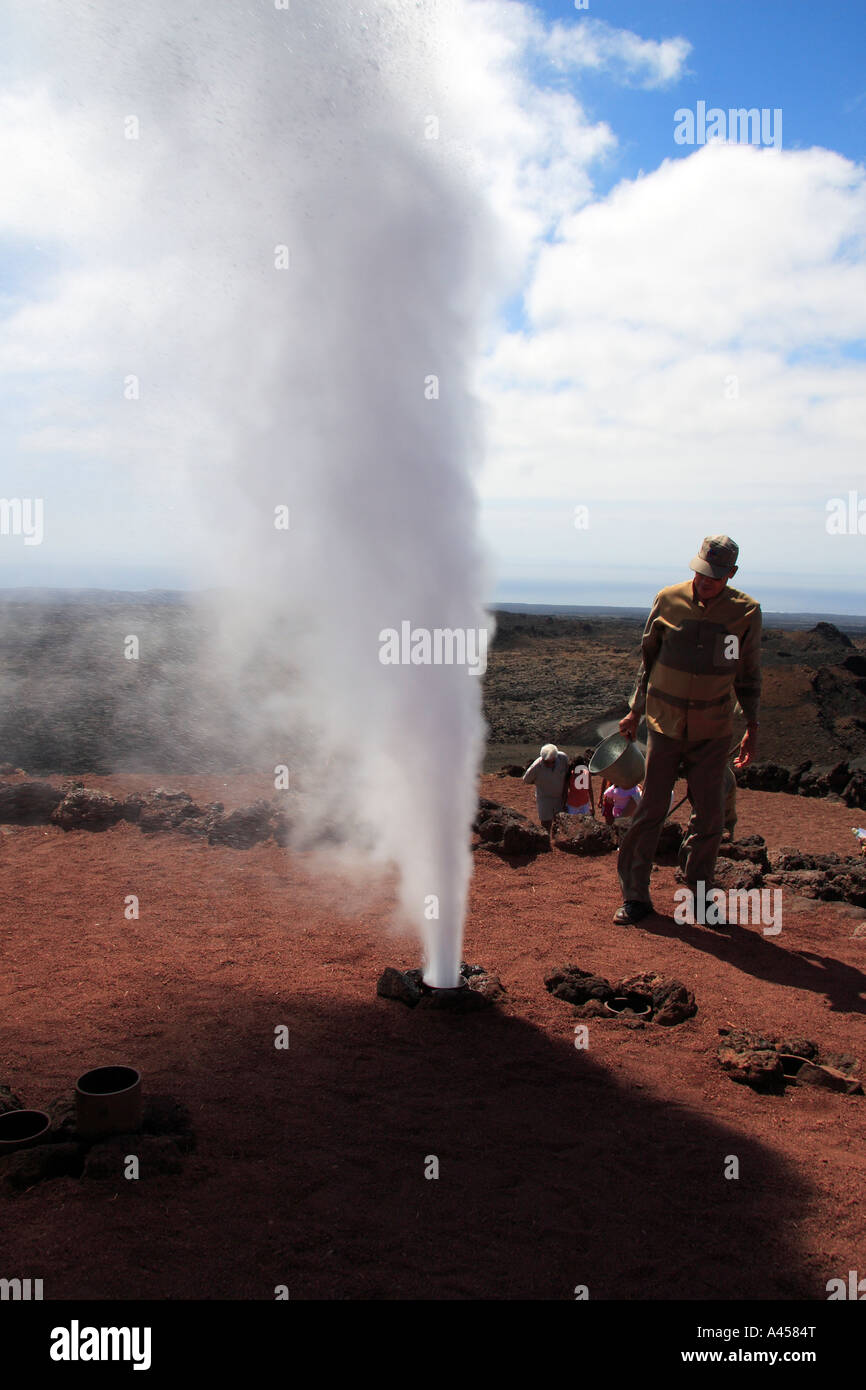 Steam erupts from a pipe set into the ground on Montana del Fuego Lanzarote July 2006 Stock Photo