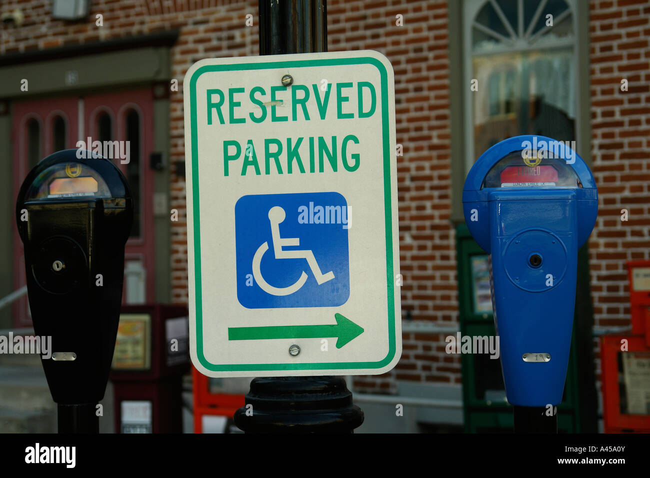 AJD53487, Gettysburg, PA, Pennsylvania, downtown, parking meters, Reserved Parking for Handicapped Stock Photo