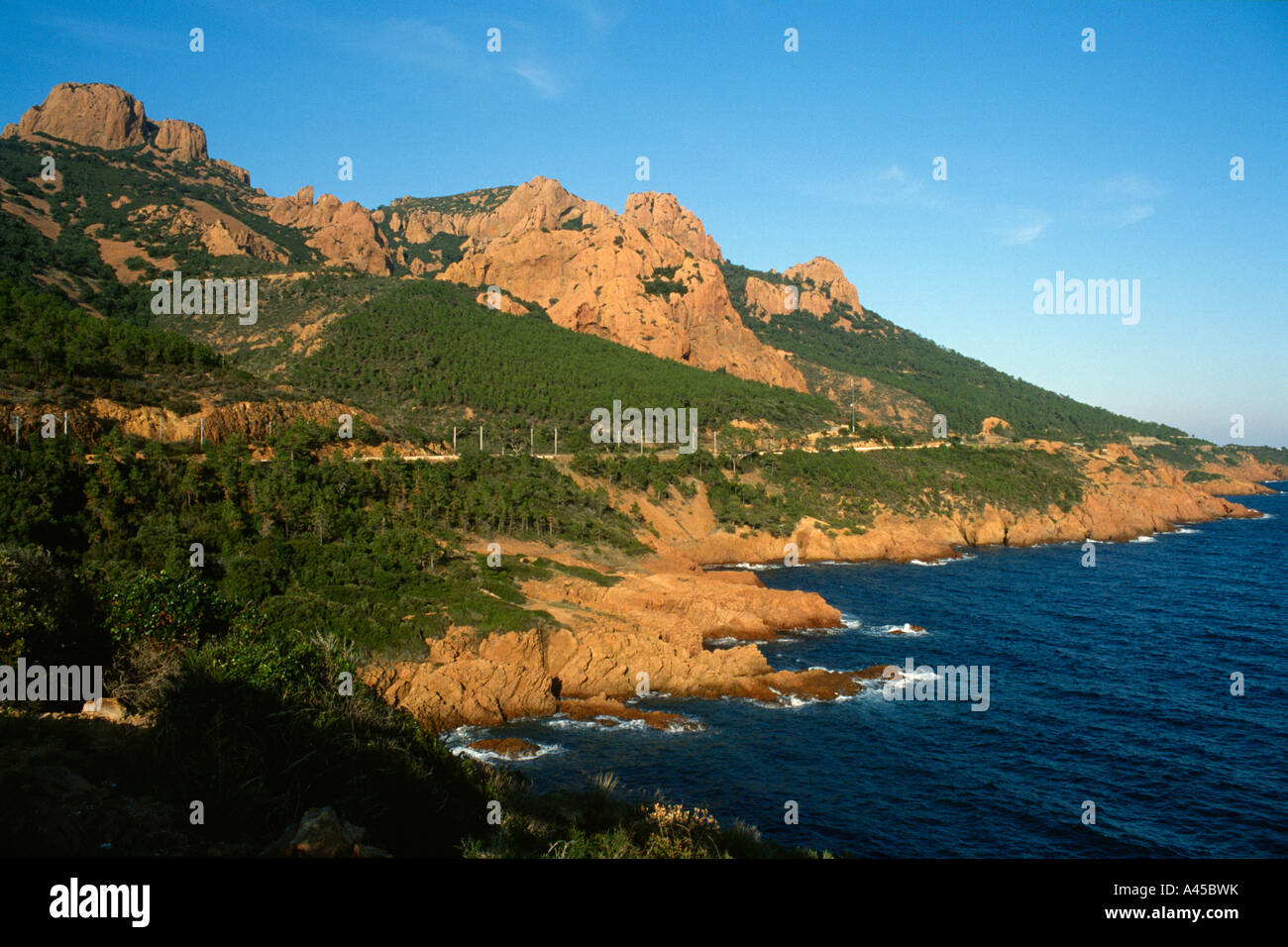Provence France Rugged red cliffs of Cap Roux on the Corniche de L Esterel Stock Photo