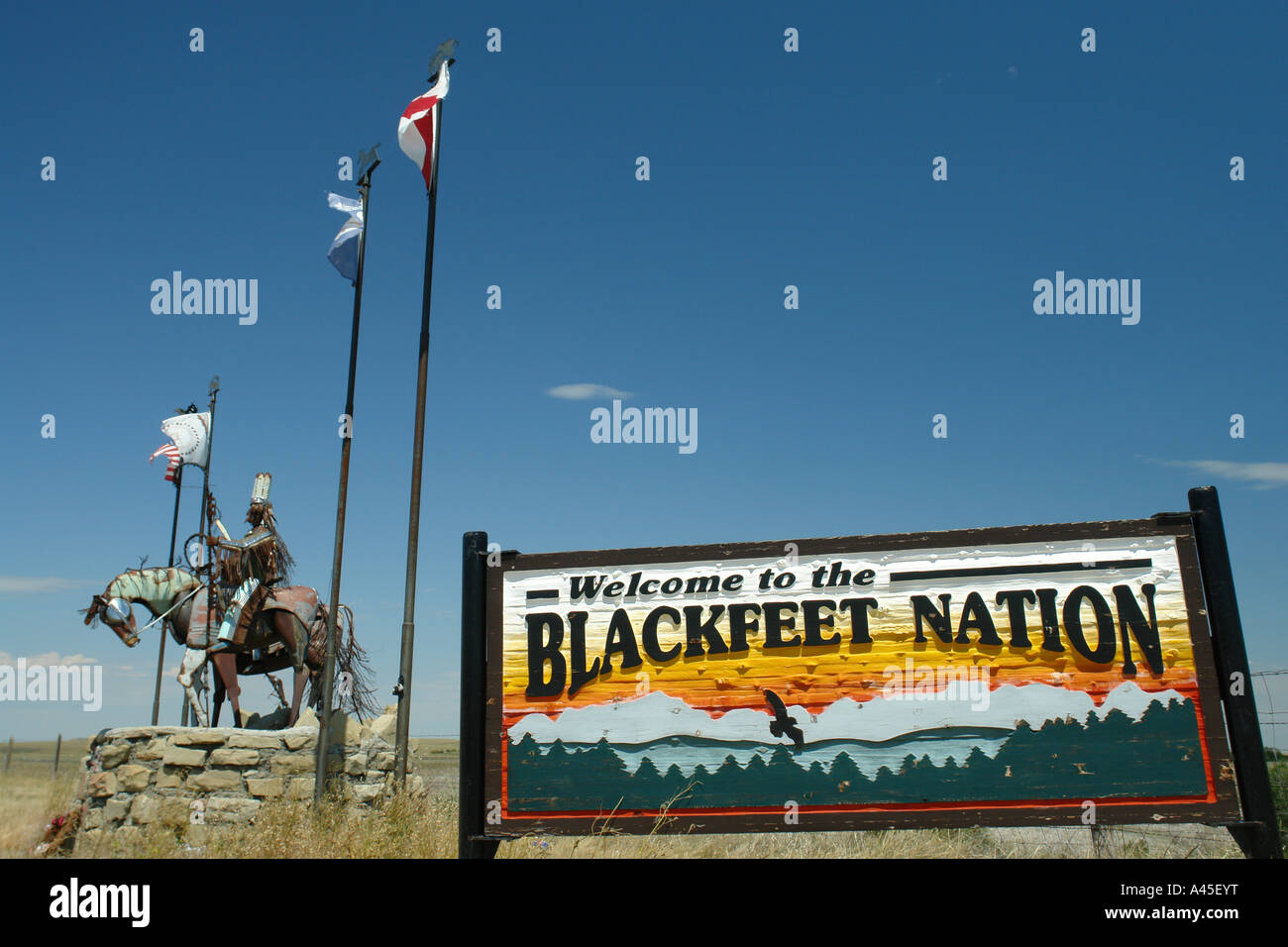 AJD56832, Browning, MT, Montana, Rocky Mountains, Blackfeet Indian Reservation, Welcome to Blackfeet Nation, entrance sign Stock Photo