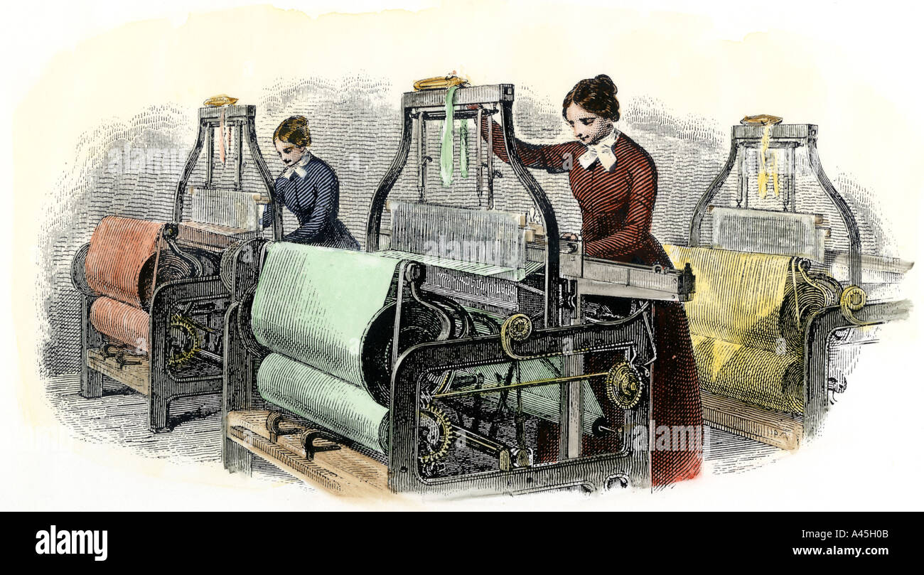 Lowell girls weaving in Massachusetts textile mills 1850s. Hand-colored engraving Stock Photo
