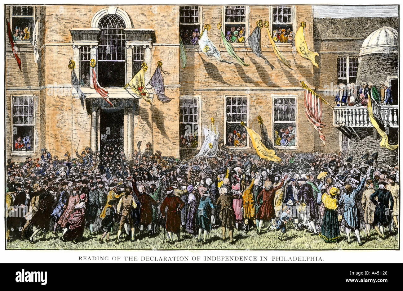 Reading the Declaration of Independence to cheering colonists in Philadelphia July 4 1776. Hand-colored woodcut Stock Photo
