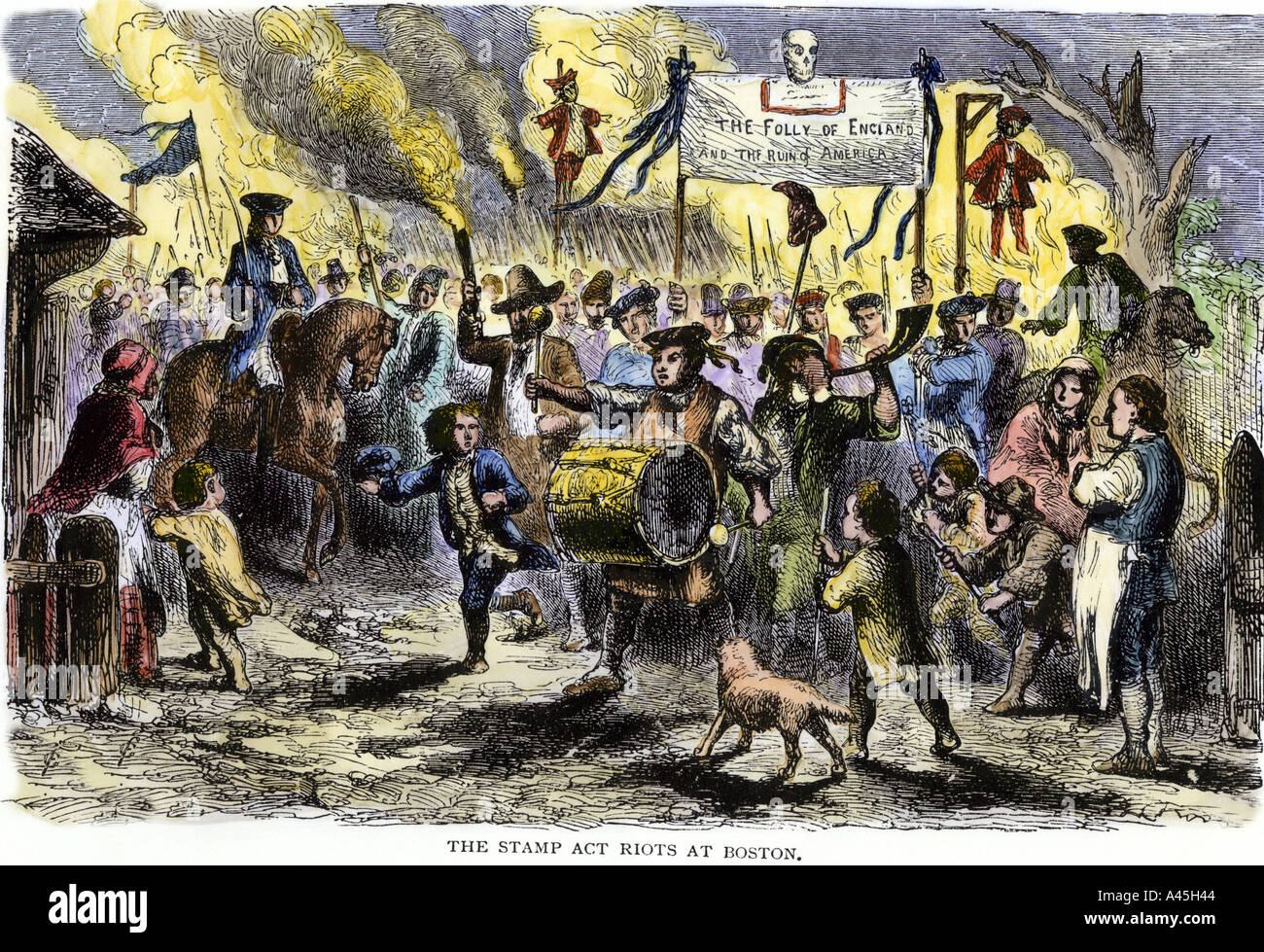 Stamp Act riots in Boston before the Revolutionary War. Hand-colored woodcut Stock Photo