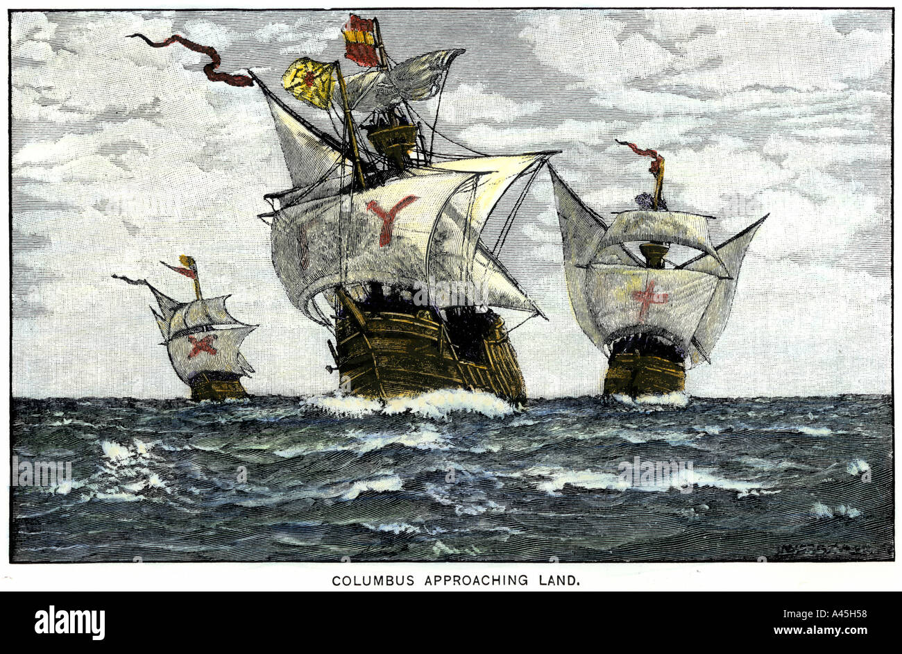 Three ships of Columbus approaching the New World 1492. Hand-colored woodcut Stock Photo