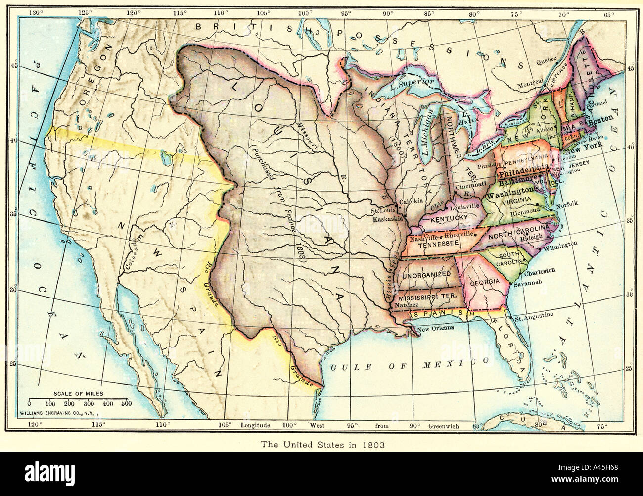 Map of the US of the Louisiana Purchase as understood in 1803, later modified by treaty. Color lithograph Stock Photo