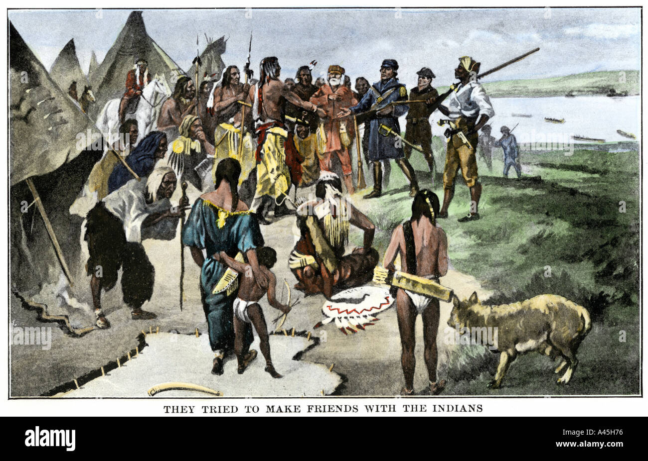 Lewis and Clark expedition trying to make friends with Native Americans on their exploration of Louisiana Territory. Hand-colored halftone Stock Photo
